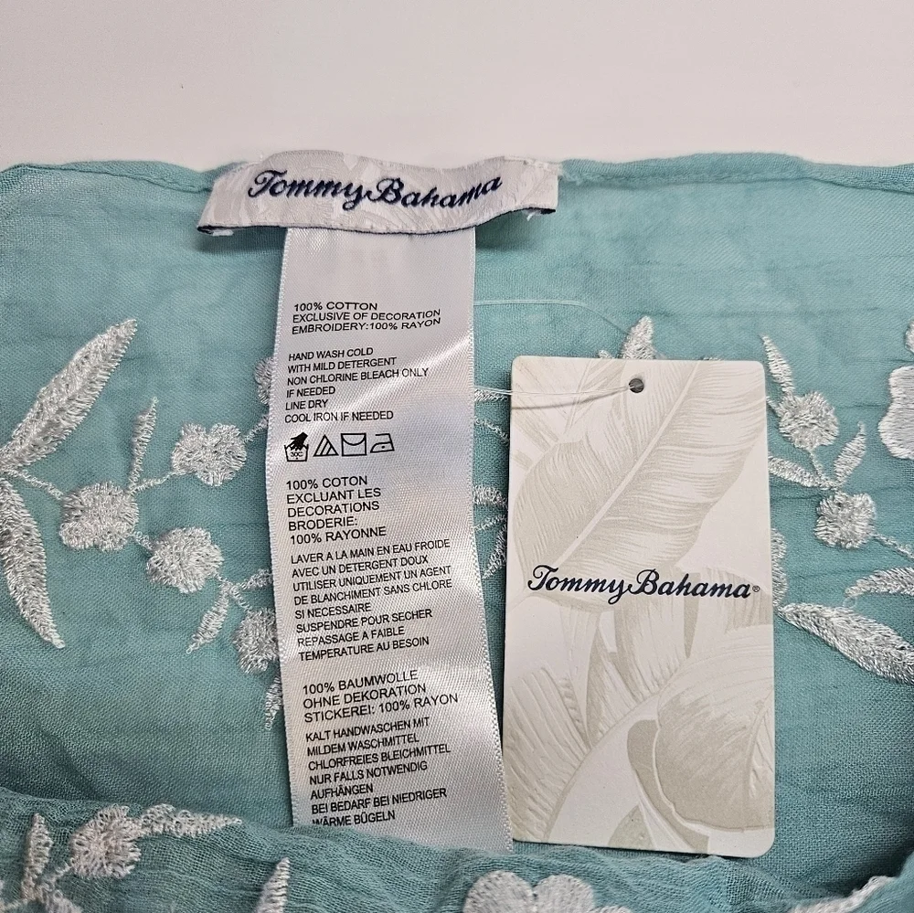 NEW Tommy Bahama Embroidered Blossoms Scarf Aqua and White Shawl Wrap